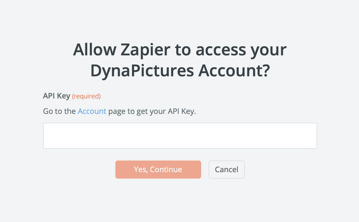 API key by DynaPictures to generate images using Zapier